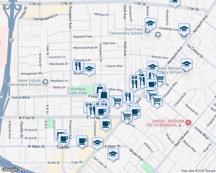map of restaurants, bars, coffee shops, grocery stores, and more near 14721 Candeda Place in Tustin