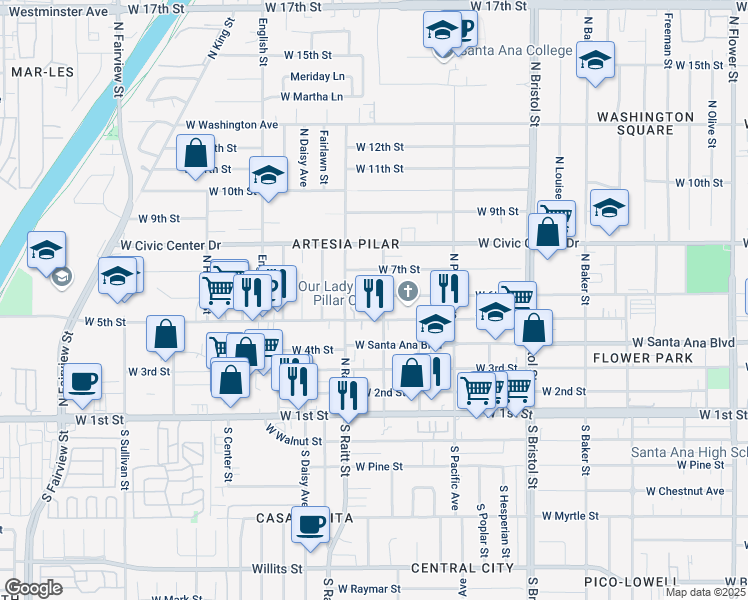 map of restaurants, bars, coffee shops, grocery stores, and more near 1721 West 6th Street in Santa Ana