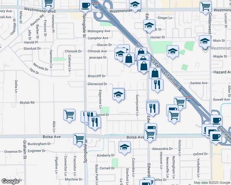 map of restaurants, bars, coffee shops, grocery stores, and more near 14621 Belmar Circle in Huntington Beach