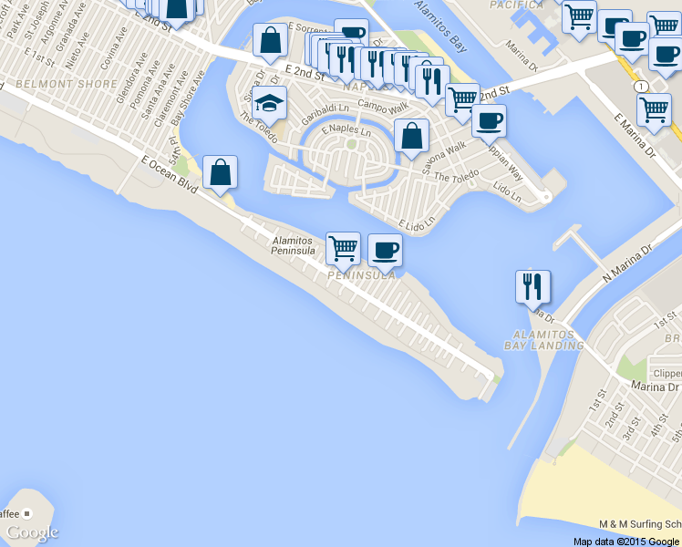 map of restaurants, bars, coffee shops, grocery stores, and more near 69 60th Place in Long Beach