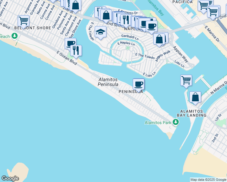 map of restaurants, bars, coffee shops, grocery stores, and more near 37 58th Place in Long Beach