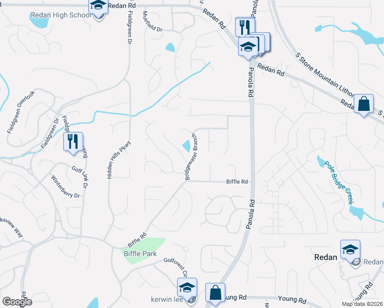 map of restaurants, bars, coffee shops, grocery stores, and more near 5336 Bridgewater Trce in Stone Mountain