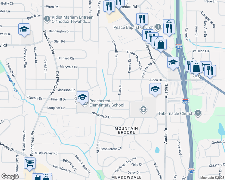 map of restaurants, bars, coffee shops, grocery stores, and more near 1462 Janmar Drive in Decatur
