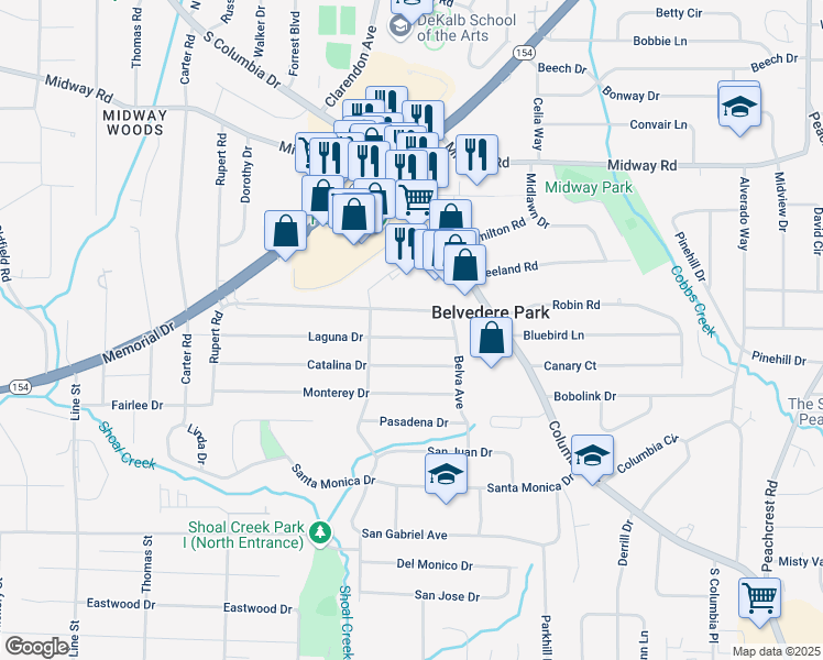 map of restaurants, bars, coffee shops, grocery stores, and more near 3002 Laguna Drive in Decatur