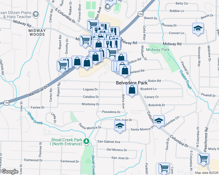 map of restaurants, bars, coffee shops, grocery stores, and more near 3005 Belvedere Lane in Decatur