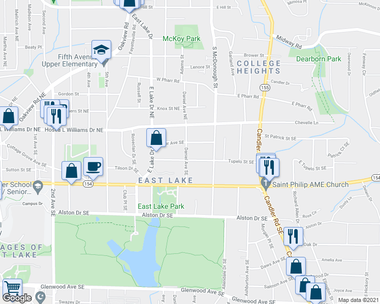 map of restaurants, bars, coffee shops, grocery stores, and more near 100 Daniel Avenue Southeast in Atlanta