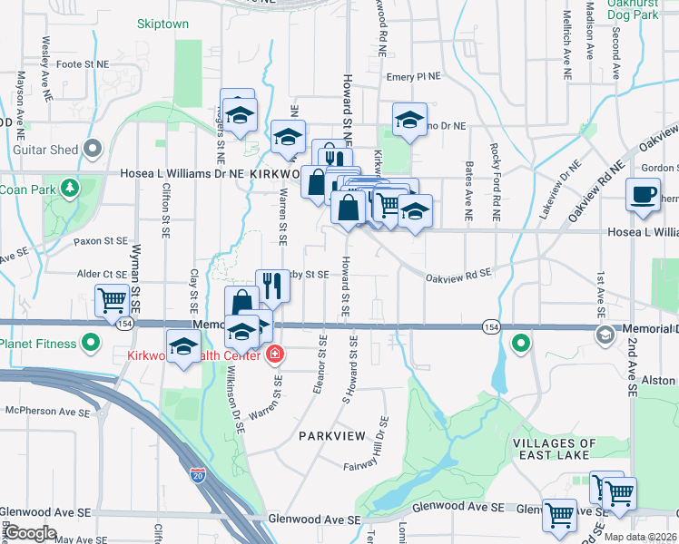 map of restaurants, bars, coffee shops, grocery stores, and more near 113 Howard Street Southeast in Atlanta