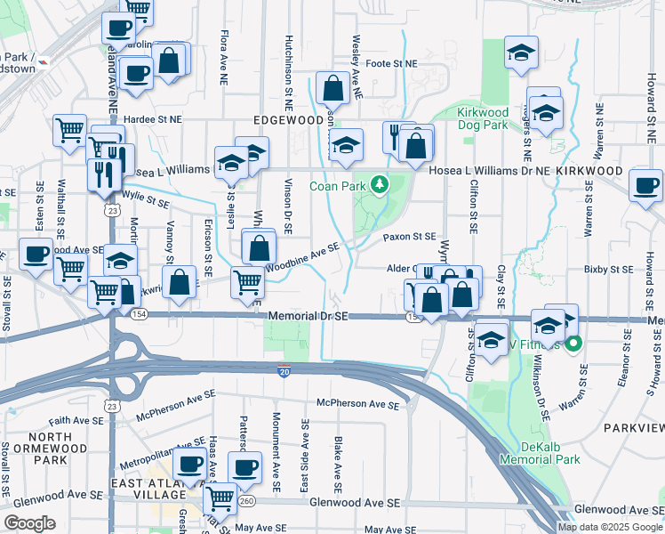 map of restaurants, bars, coffee shops, grocery stores, and more near 163 Woodbine Circle Southeast in Atlanta