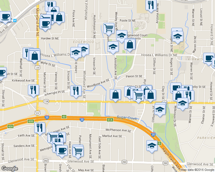 map of restaurants, bars, coffee shops, grocery stores, and more near 169 Woodbine Circle Southeast in Atlanta
