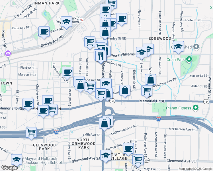 map of restaurants, bars, coffee shops, grocery stores, and more near 142 Moreland Avenue Southeast in Atlanta