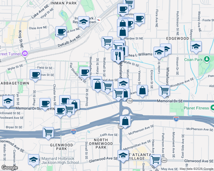 map of restaurants, bars, coffee shops, grocery stores, and more near 1103 Kirkwood Avenue Southeast in Atlanta