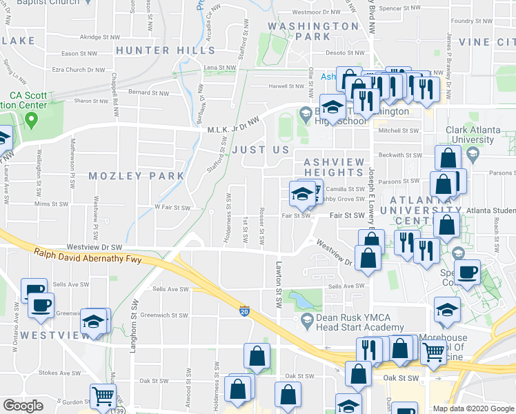 map of restaurants, bars, coffee shops, grocery stores, and more near 175 Rosser Street Southwest in Atlanta