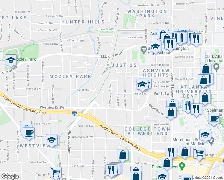 map of restaurants, bars, coffee shops, grocery stores, and more near 174 Holderness Street Southwest in Atlanta