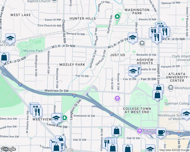 map of restaurants, bars, coffee shops, grocery stores, and more near 189 Burbank Drive Southwest in Atlanta