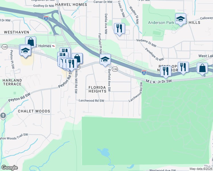 map of restaurants, bars, coffee shops, grocery stores, and more near 219 Barfield Avenue Southwest in Atlanta
