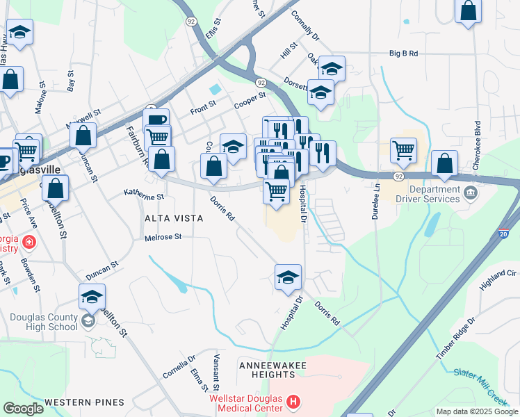 map of restaurants, bars, coffee shops, grocery stores, and more near 8481 Newman Street in Douglasville