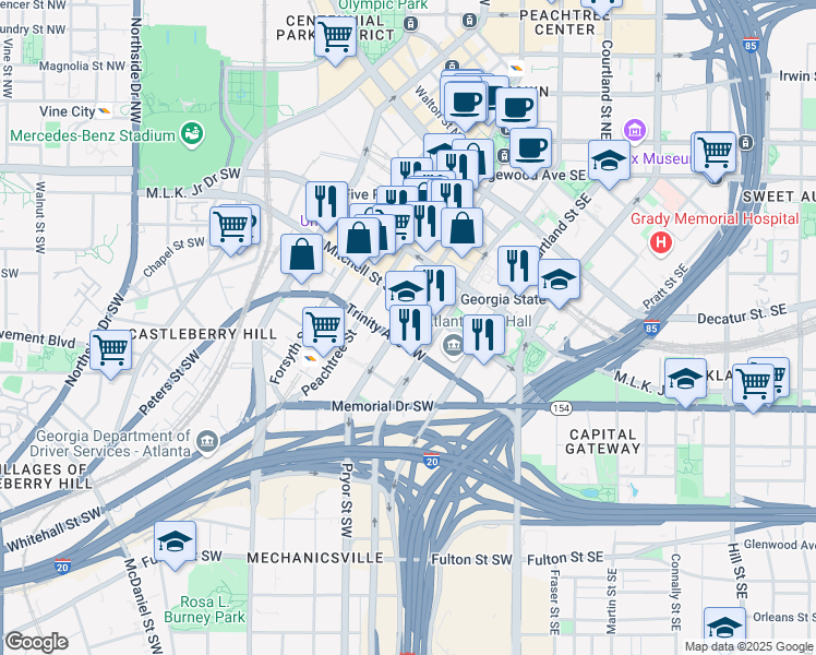 map of restaurants, bars, coffee shops, grocery stores, and more near in Atlanta