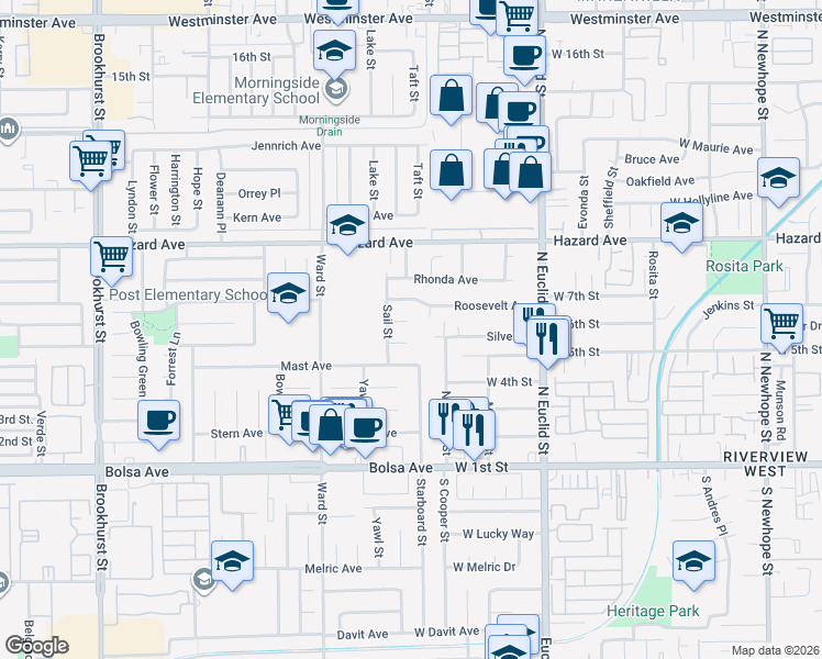 map of restaurants, bars, coffee shops, grocery stores, and more near 14651 Taft Street in Garden Grove