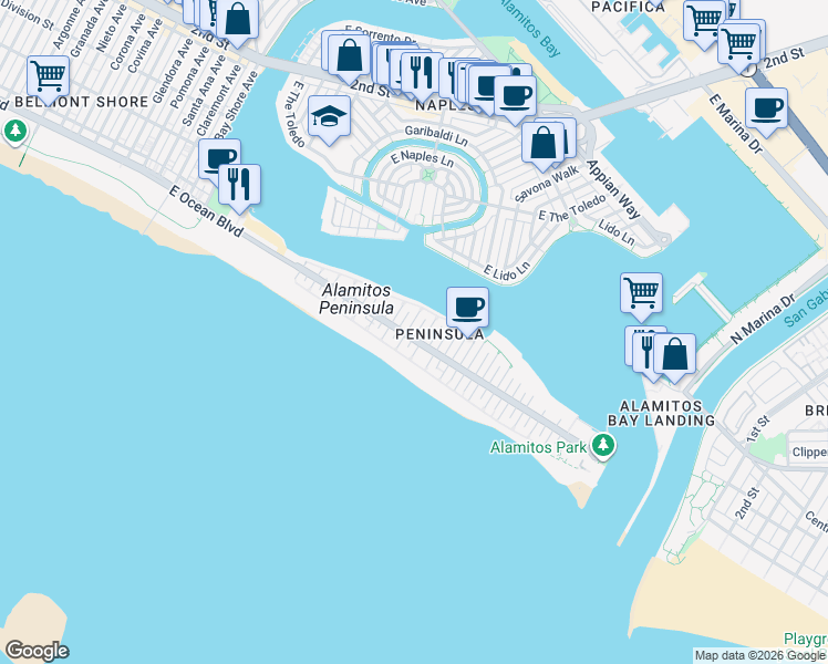 map of restaurants, bars, coffee shops, grocery stores, and more near 69 60th Place in Long Beach