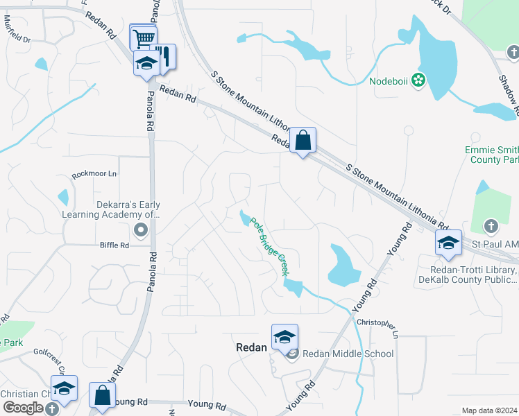 map of restaurants, bars, coffee shops, grocery stores, and more near 1433 Saint Dunstans Road in Lithonia