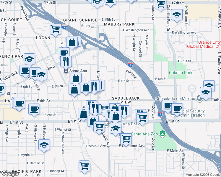map of restaurants, bars, coffee shops, grocery stores, and more near 506 North McClay Street in Santa Ana