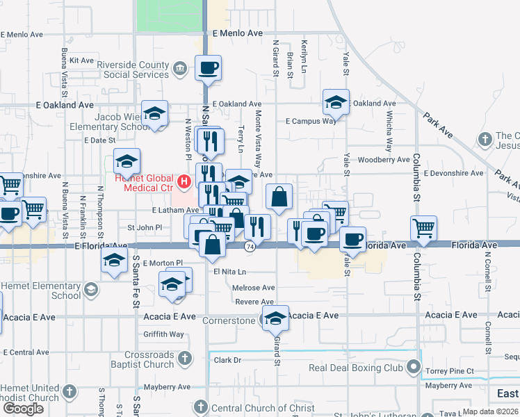 map of restaurants, bars, coffee shops, grocery stores, and more near 201 Monte Vista Way in Hemet