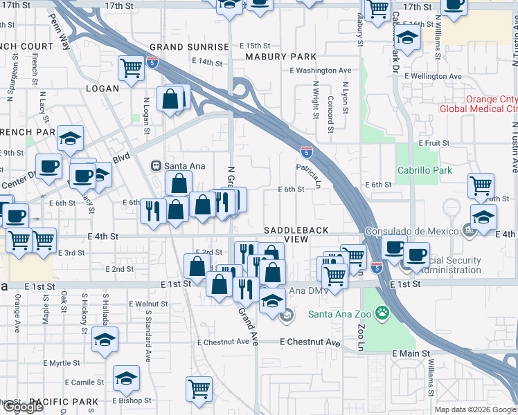 map of restaurants, bars, coffee shops, grocery stores, and more near 506 North McClay Street in Santa Ana