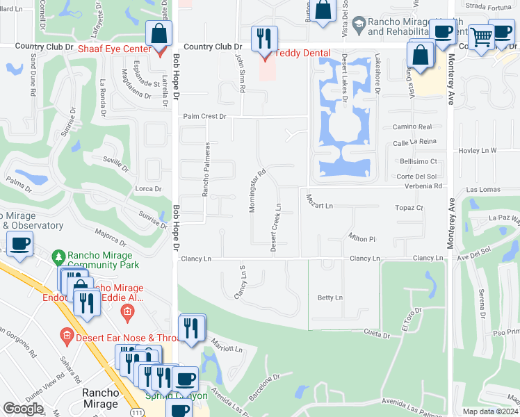 map of restaurants, bars, coffee shops, grocery stores, and more near 40590 Morningstar Road in Rancho Mirage