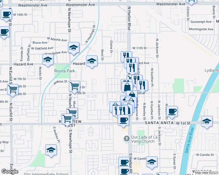map of restaurants, bars, coffee shops, grocery stores, and more near 3929 West 5th Street in Santa Ana