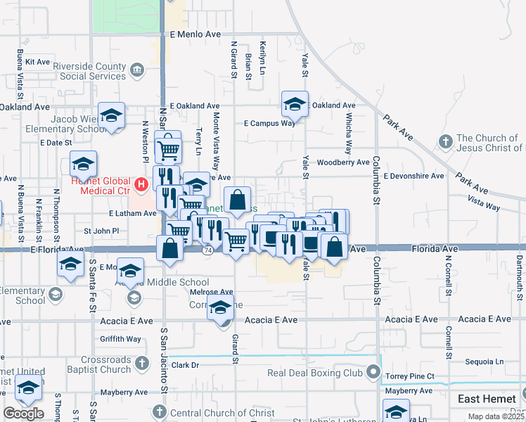 map of restaurants, bars, coffee shops, grocery stores, and more near 204 North Mayflower Street in Hemet