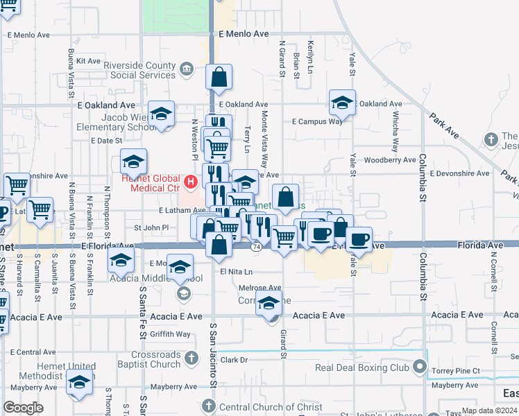 map of restaurants, bars, coffee shops, grocery stores, and more near 200 Terry Lane in Hemet