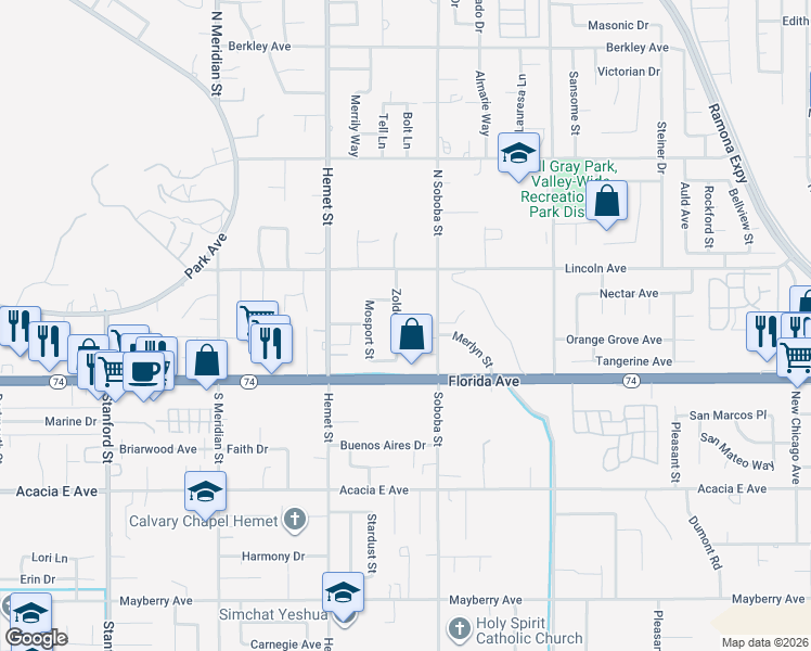 map of restaurants, bars, coffee shops, grocery stores, and more near 198 Zolder Street in Hemet