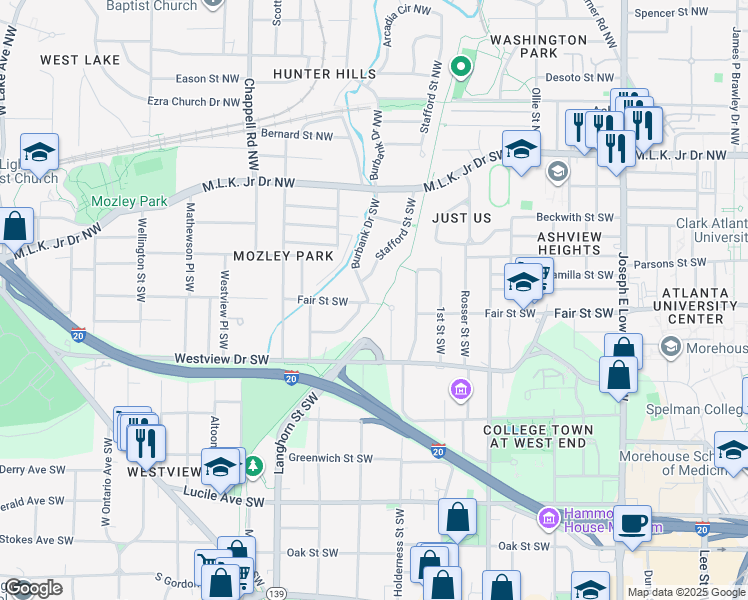 map of restaurants, bars, coffee shops, grocery stores, and more near 189 Burbank Drive Southwest in Atlanta