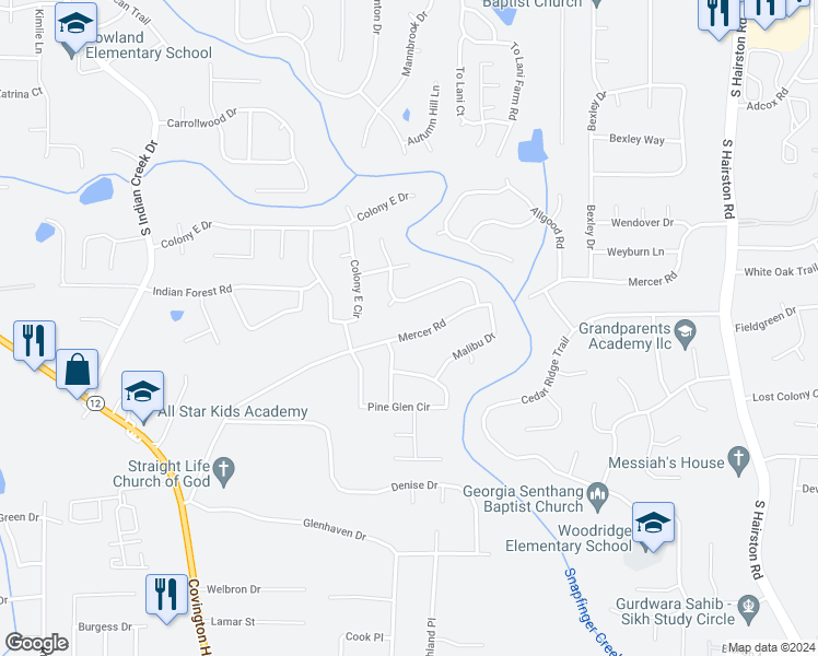 map of restaurants, bars, coffee shops, grocery stores, and more near 4396 Mercer Road in Decatur