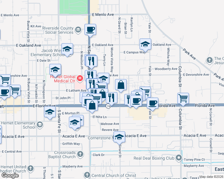 map of restaurants, bars, coffee shops, grocery stores, and more near 201 Monte Vista Way in Hemet
