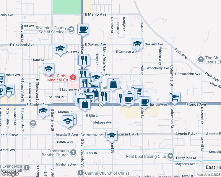 map of restaurants, bars, coffee shops, grocery stores, and more near 203 North Girard Street in Hemet