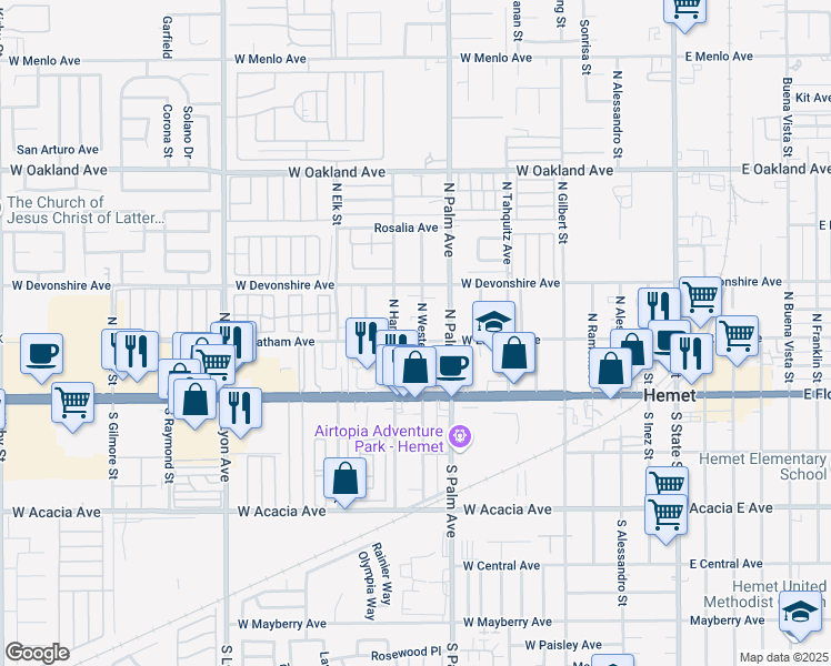 map of restaurants, bars, coffee shops, grocery stores, and more near 201 North Western Avenue in Hemet