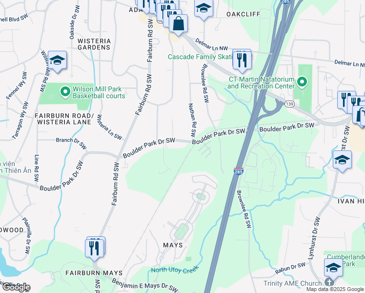 map of restaurants, bars, coffee shops, grocery stores, and more near 3494 Boulder Park Drive Southwest in Atlanta