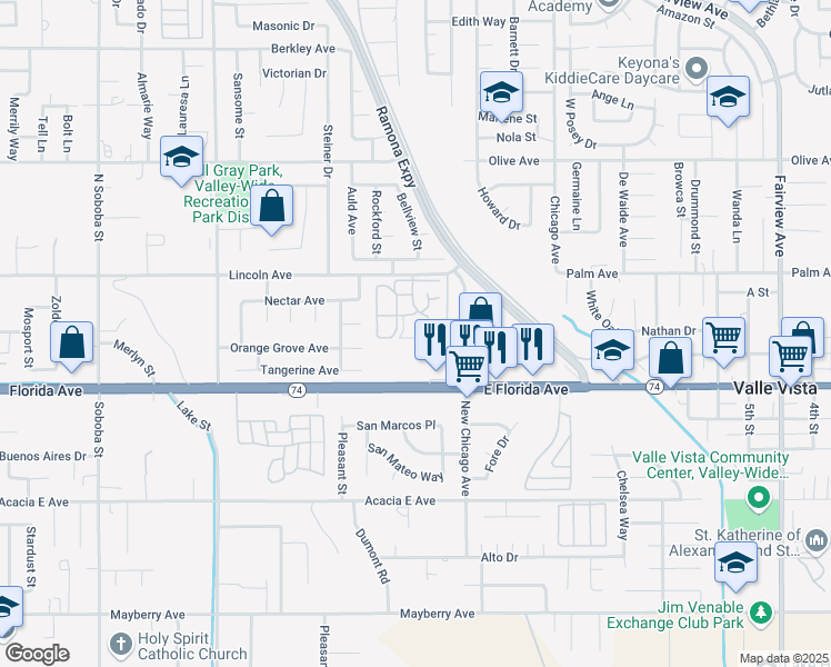 map of restaurants, bars, coffee shops, grocery stores, and more near 43195 Andrade Avenue in Hemet