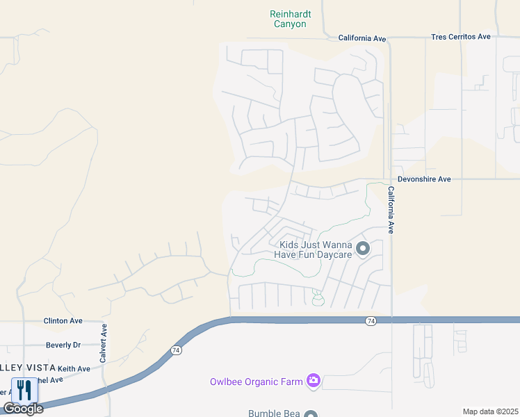 map of restaurants, bars, coffee shops, grocery stores, and more near 8270 Pavin Lane in Hemet