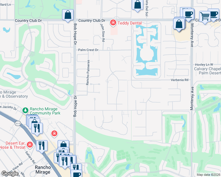 map of restaurants, bars, coffee shops, grocery stores, and more near 40530 Morningstar Road in Rancho Mirage