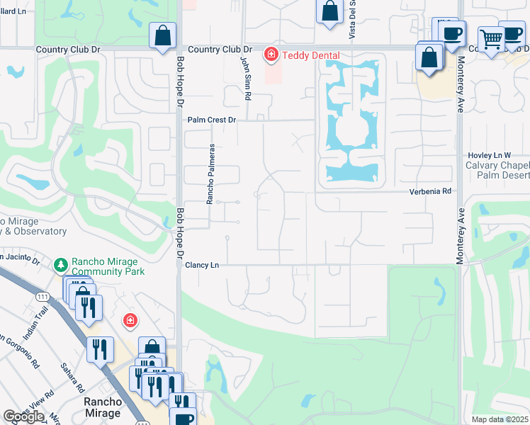 map of restaurants, bars, coffee shops, grocery stores, and more near 40590 Morningstar Road in Rancho Mirage