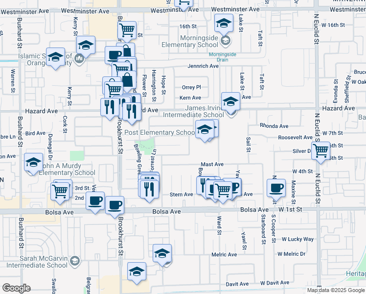 map of restaurants, bars, coffee shops, grocery stores, and more near 10312 Wembley Circle in Westminster