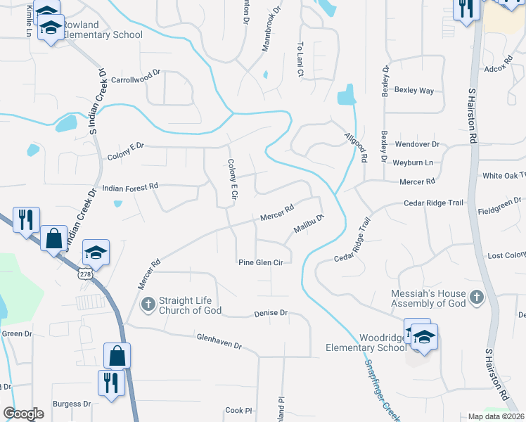 map of restaurants, bars, coffee shops, grocery stores, and more near 1460 High Meadow Drive in Stone Mountain