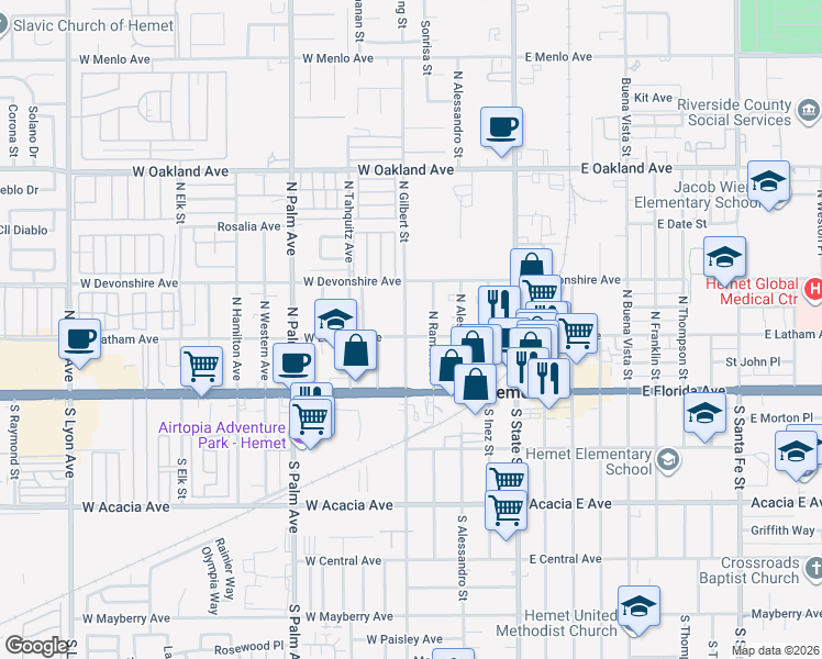 map of restaurants, bars, coffee shops, grocery stores, and more near 424 West Latham Avenue in Hemet