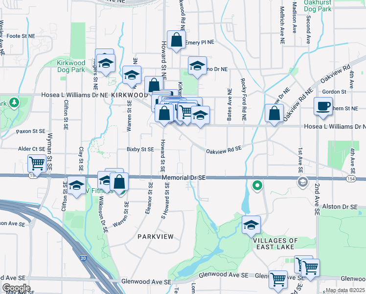 map of restaurants, bars, coffee shops, grocery stores, and more near 2020 Bixby Street Southeast in Atlanta
