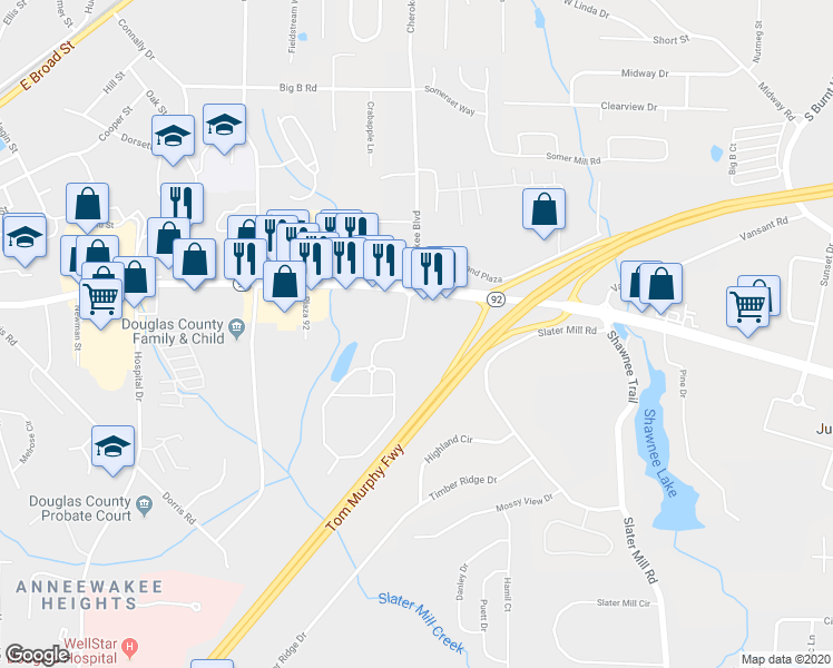 map of restaurants, bars, coffee shops, grocery stores, and more near 8473 Earl D Lee Boulevard in Douglasville