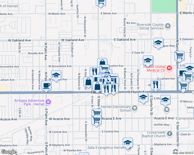 map of restaurants, bars, coffee shops, grocery stores, and more near 222 North State Street in Hemet