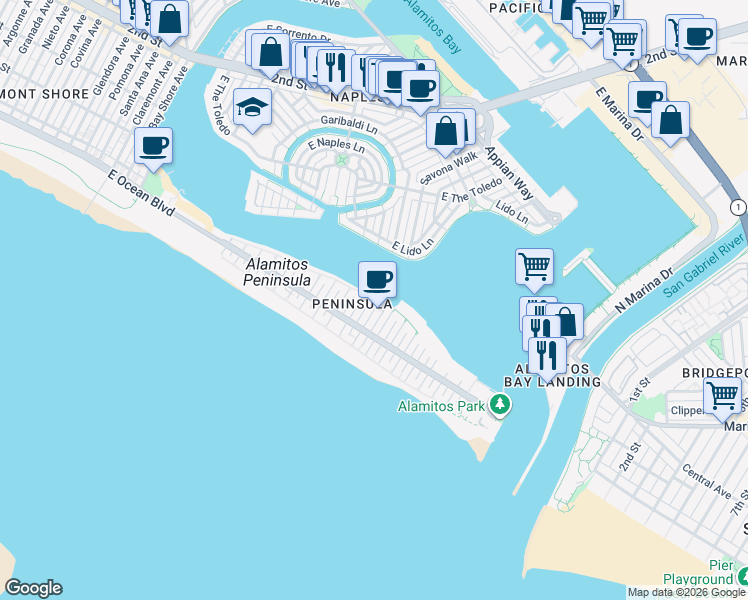 map of restaurants, bars, coffee shops, grocery stores, and more near 6150 East Bayshore Walk in Long Beach