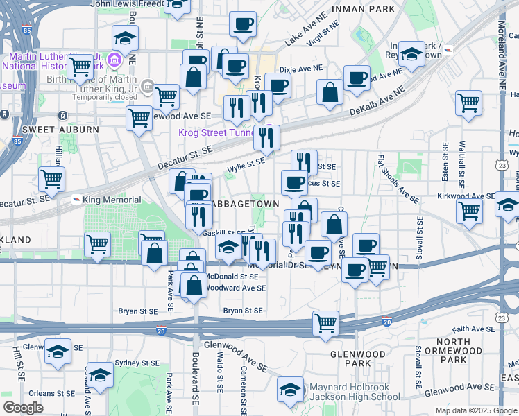 map of restaurants, bars, coffee shops, grocery stores, and more near 701 Kirkwood Avenue Southeast in Atlanta